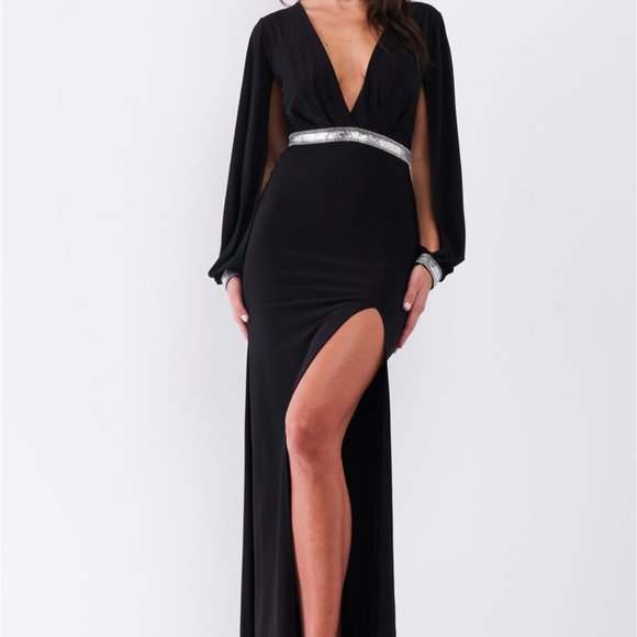 Nicole Seiberth Dresses & Skirts - Rhinestone Maxi Dress Deep Plunged VNeck Slit Slev